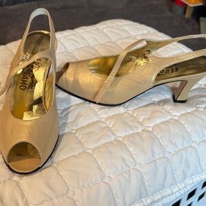 Vintage Salvatore Ferragamo Women's Gold Peep-Toe Heels never worn
